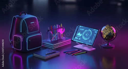 Futuristic school supplies with a glowing backpack, digital tablet, and globe on a dark desk