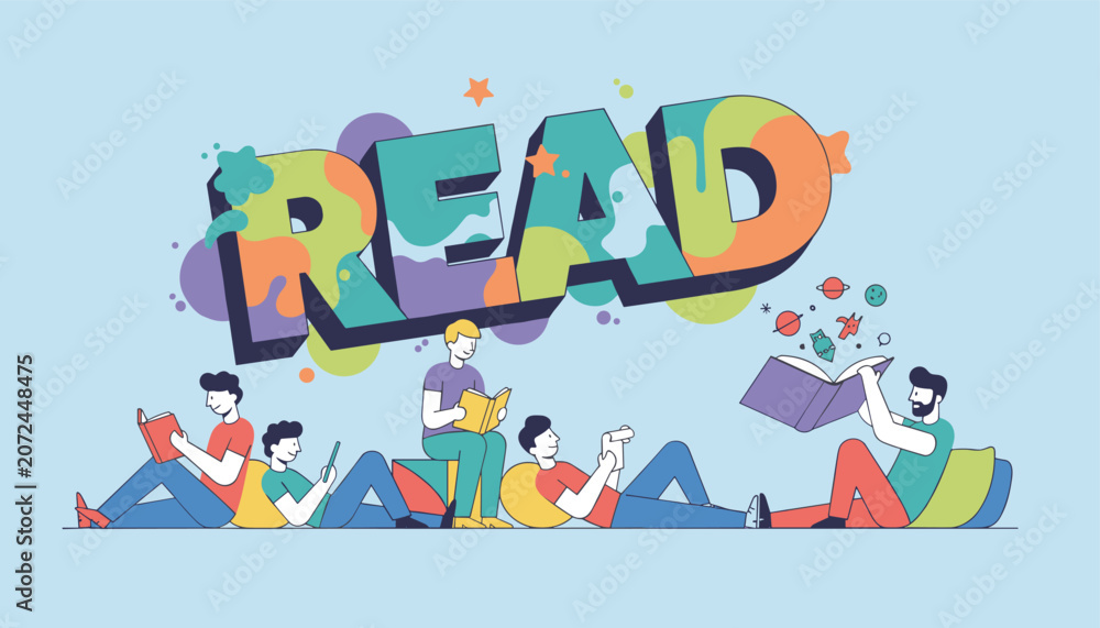 Fototapeta premium Young people enjoying reading and learning together while sitting and lying down with books under a large colorful read sign.