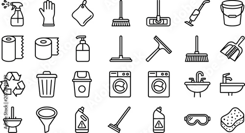 Konstfotografi Minimalist housekeeping cleaning tools and laundry service outline line icon vec
