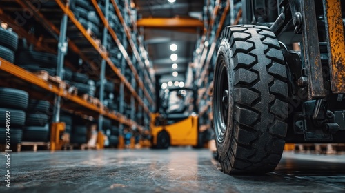 Warehouse with forklift and stacked tires