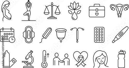Cuadro en lienzo Women's reproductive health gynecology and menstruation line icon set featuring