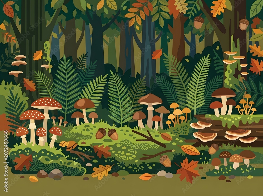 Obraz premium Forest Floor Illustration Featuring Various Fungi Ferns and Autumnal Foliage