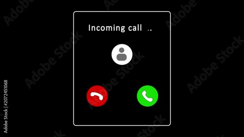 Incoming call screen animation phone icon and accept decline buttons on black background