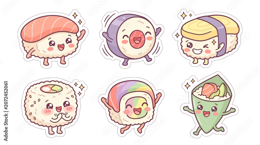 Fototapeta premium Charming set of expressive Kawaii sticker illustrations depicting cheerful sushi and maki, bringing a touch of cuteness to any design project or craft