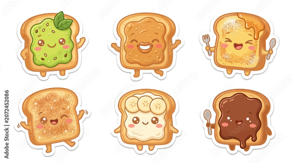 Fototapeta premium Adorable Kawaii sticker illustrations depicting happy toast characters, each with unique sweet and savory toppings, perfect for joyful food designs