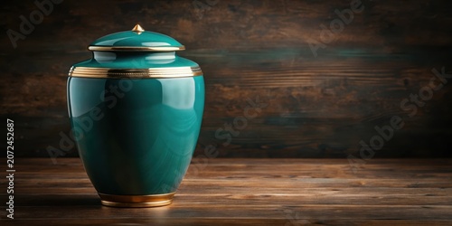 Elegant teal ceramic urn with gold accents sits atop a dark wooden table