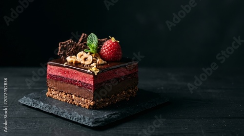Delicious chocolate cake with strawberry topping.