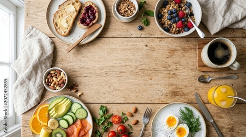 Breakfast table with healthy food.