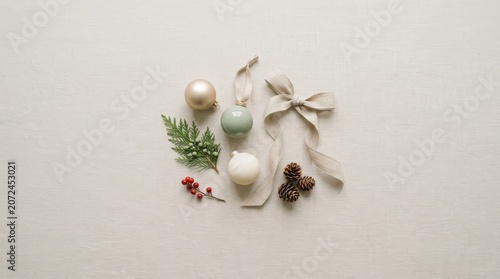 Christmas ornaments and decorations on table.