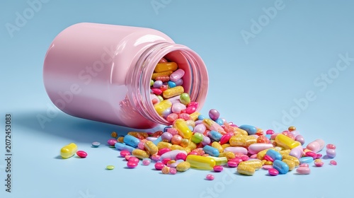 Colorful Pills and Capsules Spilling from a Pink Container on a Light Blue Background, Symbolizing Health, Wellness, and Medication in a Vibrant Composition