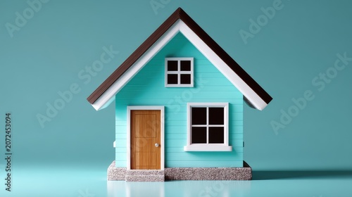 Charming Miniature House in Soft Teal Color with Brown Roof and Wooden Door, Ideal for Home Decor, Real Estate, and Architectural Design Concepts
