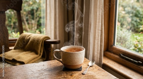 Cozy morning coffee by window seat.