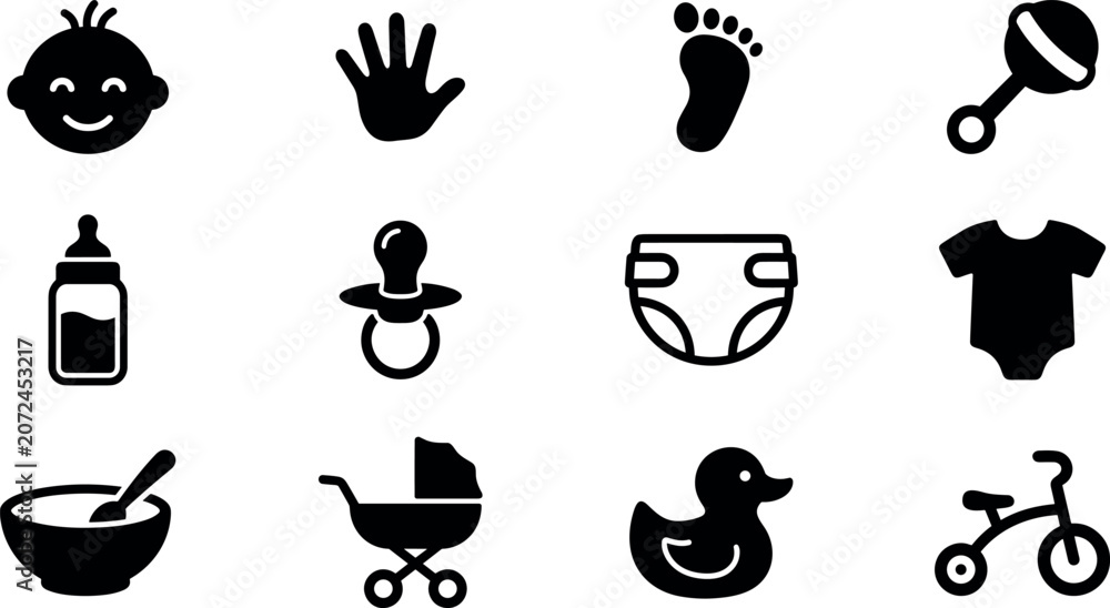Obraz premium Vector black silhouette icons for infancy product marketing parenting elements and toddler shower design concept