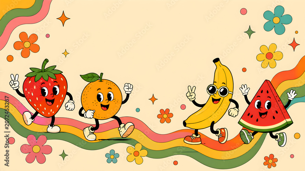 Fototapeta premium Happy Cartoon Fruit Characters with Retro Flowers and Colorful Wavy Background