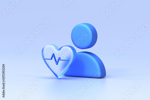 Glassmorphism icon set combining blue user avatar with frosted heart icon featuring ECG heartbeat line, representing health monitoring and user profile