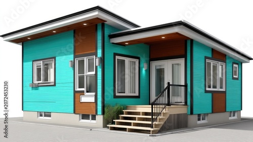 Modern Exterior View of a Brightly Colored Contemporary House Featuring Teal Siding, Wooden Accents, and a Welcoming Front Porch with Stairs