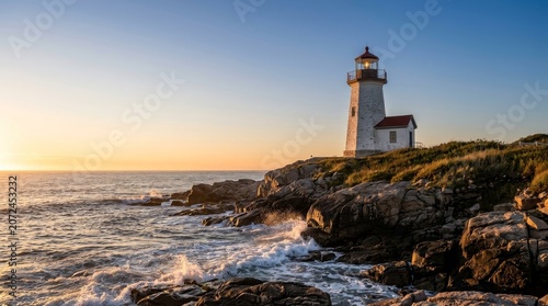 Lighthouse on rocky coastline at sunset.