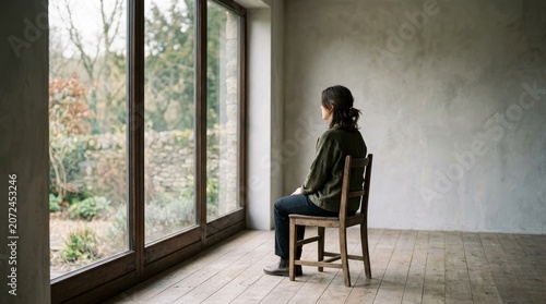 person sitting alone on chair looking out window.