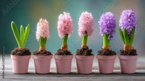 A Captivating Display of Vibrant Hyacinth Flowers in Pastel Pots, Showcasing a Beautiful Gradation of Colors from Pink to Purple Against a Soft Background