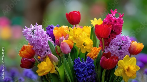 Colorful Spring Bouquet of Tulips, Hyacinths, and Daffodils Featuring a Vibrant Array of Flowers in Bloom, Set Against a Beautiful Garden Background