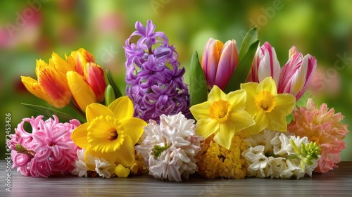 Vibrant Spring Flowers Arrangement Featuring Tulips, Daffodils, Hyacinths, and Other Colorful Blossoms in a Beautiful Floral Display