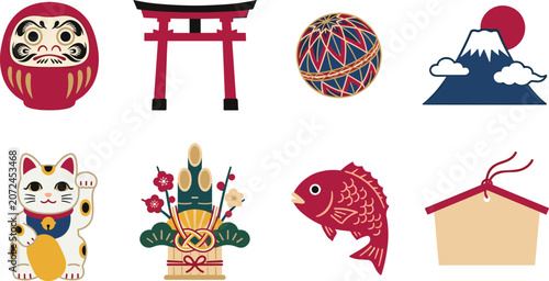 Japanese culture and New Year celebration vector icon set featuring traditional luck and landmark symbols