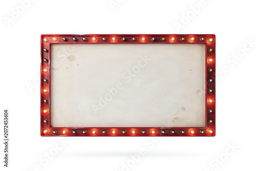 A rectangular vintage marquee sign frame with glowing red light bulbs surrounding a blank off-white center, isolated on a white background