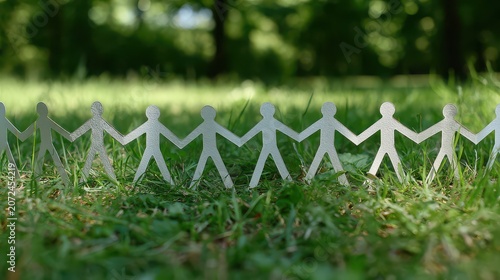 Paper chain figures holding hands in lush green grass during daylight with soft bokeh background