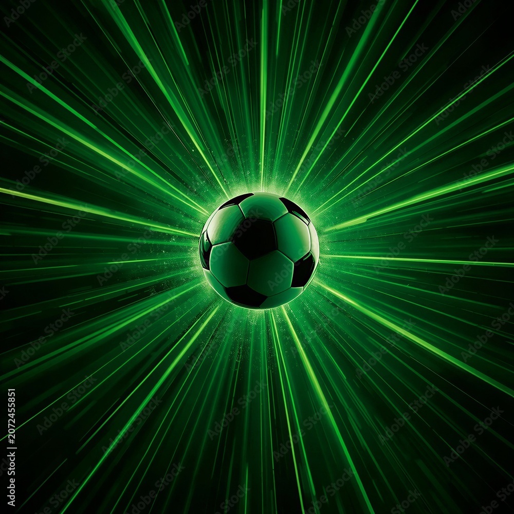 Naklejka premium Dynamic Soccer Ball Radiating Green Energy Beams with High Speed Motion Blur Effects for Sports Concept Background