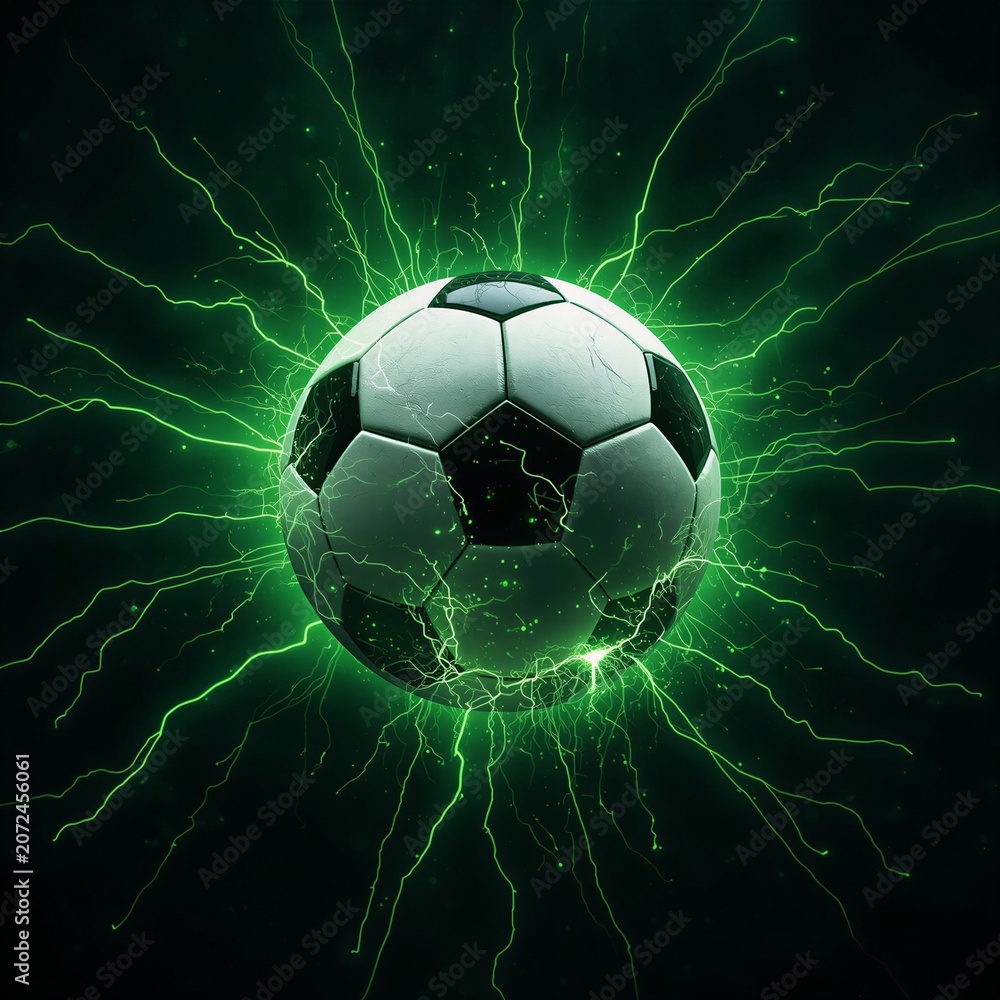 Fototapeta premium Energetic soccer ball pulsating with vibrant green lightning bolts, symbolizing power and dynamism in sports