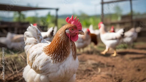 Happy hen in the organic chicken farm. Concept organics farm, organic living. Chicken egg. Healthy farm food. Natural food for hen. Local farm or agriculture. Happiness environment of chicken.