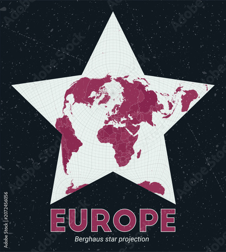 Europe. World map. Berghaus star projection centered to Europe. Pale Mint Dark Pink palette. Vintage texture. Modern vector illustration.