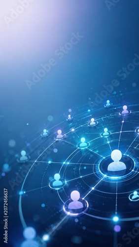Network of Human Avatars Connecting in Blue Digital Technology Space
