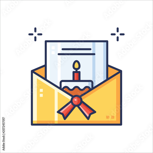 A colorful illustration of a birthday invitation card featuring a lit candle, ribbon, and decorative elements, suitable for celebration invitations and greeting cards.