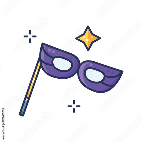 A colorful illustration of a purple masquerade mask on a stick with sparkling accents, suitable for festive or costume themes.