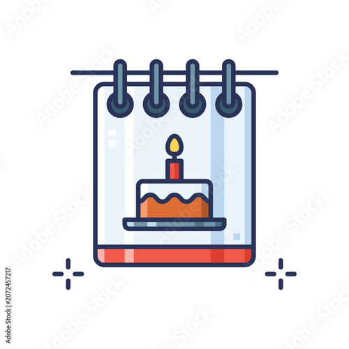 Simple digital illustration of a calendar page with a birthday cake and lit candle, representing celebration or special date reminders.