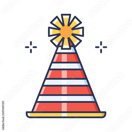 Illustration of a festive party hat with red and white stripes, topped with a yellow starburst and sparkling accents, suitable for celebration themes.