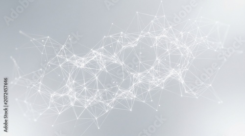 Abstract network of connected white dots and lines on a light grey background.