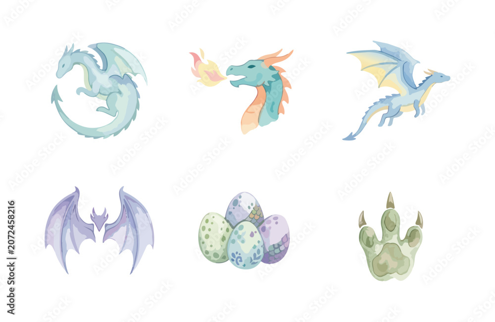 Fototapeta premium Watercolor dragon icon set with mythical elements on white background