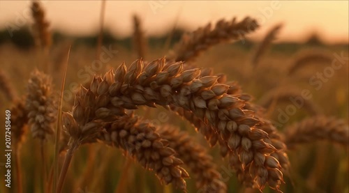 Golden wheat field sunset glow with golden ear grain crop agriculture rural landscape nature harvest season farm tranquil countryside, organic cereal food glowing warm evening light creating peaceful
