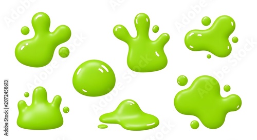 Set of green slime blobs and splatters isolated on white background