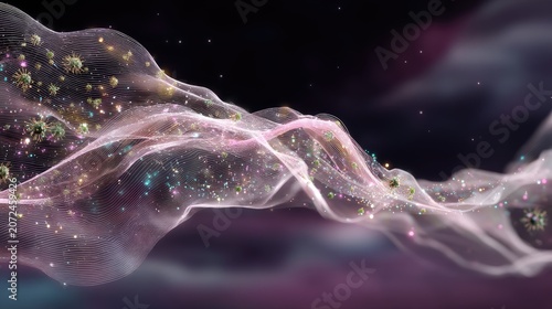 Ethereal Flow of Colorful Particles and Wispy Fabric in a Dreamy Cosmic Setting