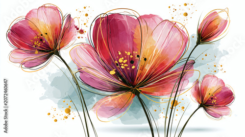 Elegant Pink Watercolor Flower with Gold Accents – Luxurious Floral Illustration