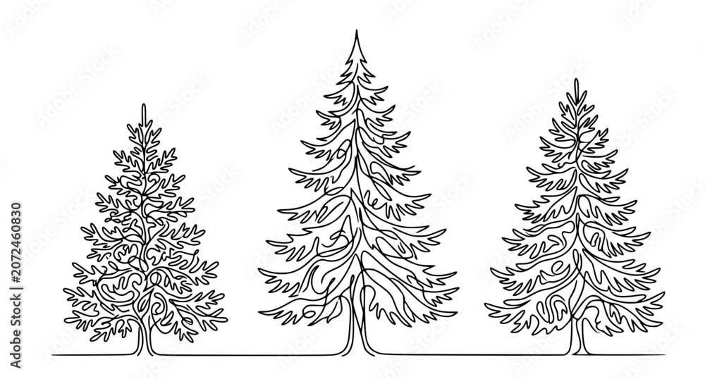 Obraz premium Minimal Line Art Spruce Forest Landscape Illustration Set with Elegant Trees on White Background