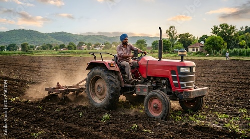 Indian Farmer Driving Red Tractor in Rural Agricultural Field