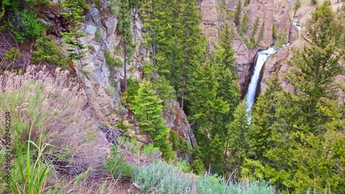 Crystal Falls cascades into a rocky gorge within the Grand Canyon of the Yellowstone in Yellowstone National Park
