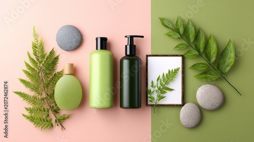 Natural Wellness Products Displayed with Leafy Accents and Stone Elements on Pink and Green Background