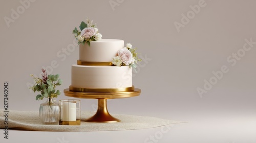 Elegant Two-Tiered Wedding Cake with Floral Accents on a Golden Stand and Soft Neutral Background