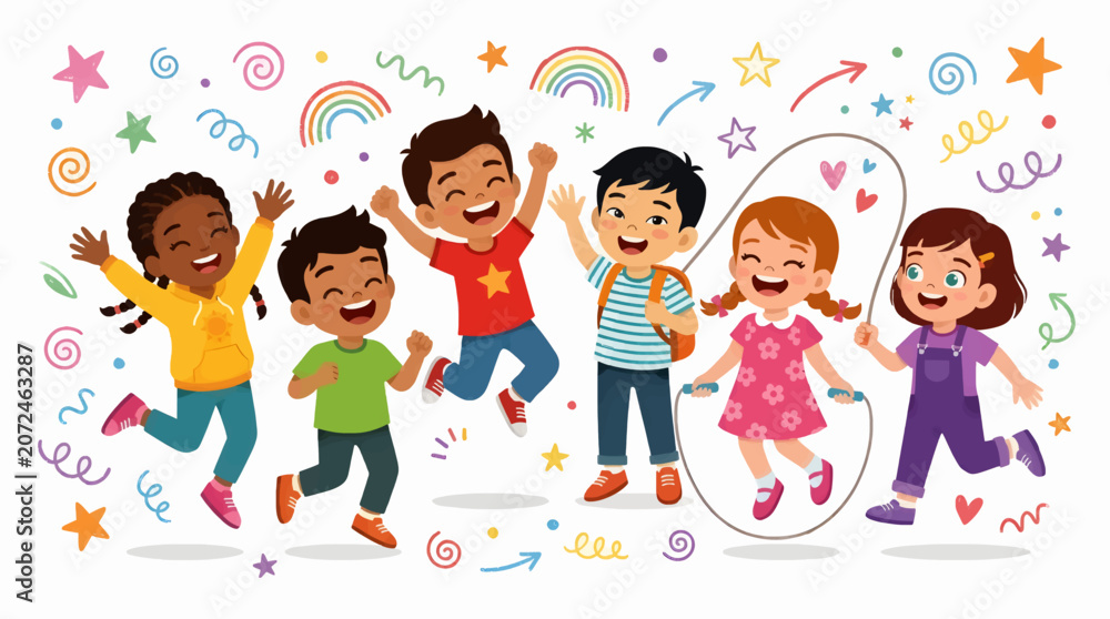 Fototapeta premium Diverse group of happy cartoon children jumping and playing with jump rope, surrounded by colorful stars, rainbows, and swirls, capturing fun childhood activity and energetic play.
