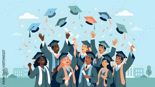Photos Diverse Graduating Students in Academic Regalia Celebrating with Confetti, Thrown Caps, and Diplomas, Flat Vector Illustration with University Buildings Background